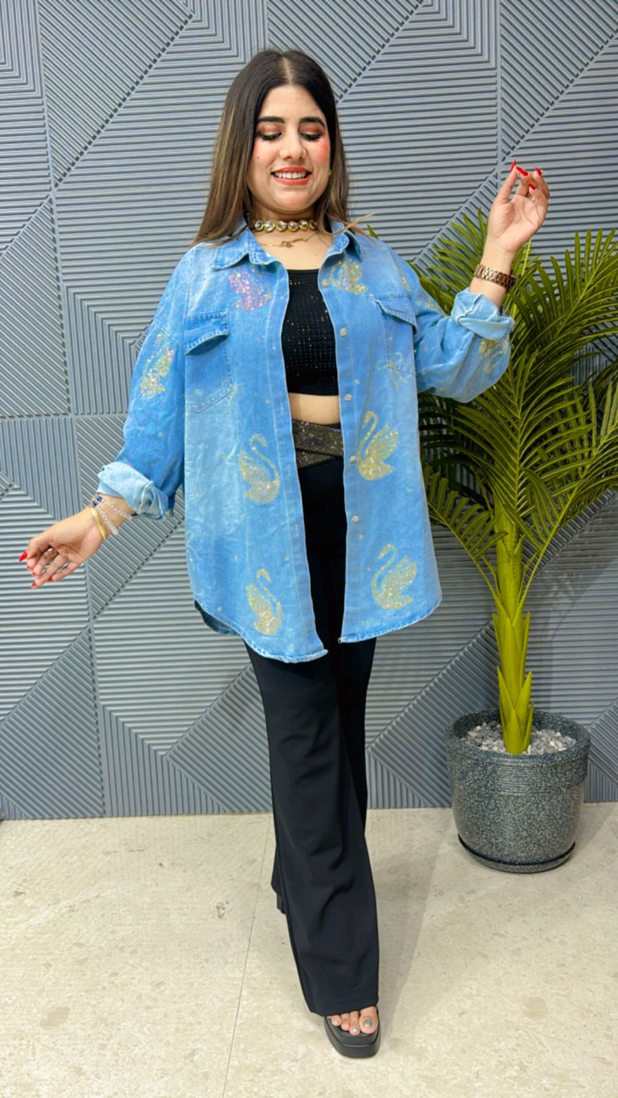 Beautiful Denim Cotton Top With Swarovski Work GGR1118