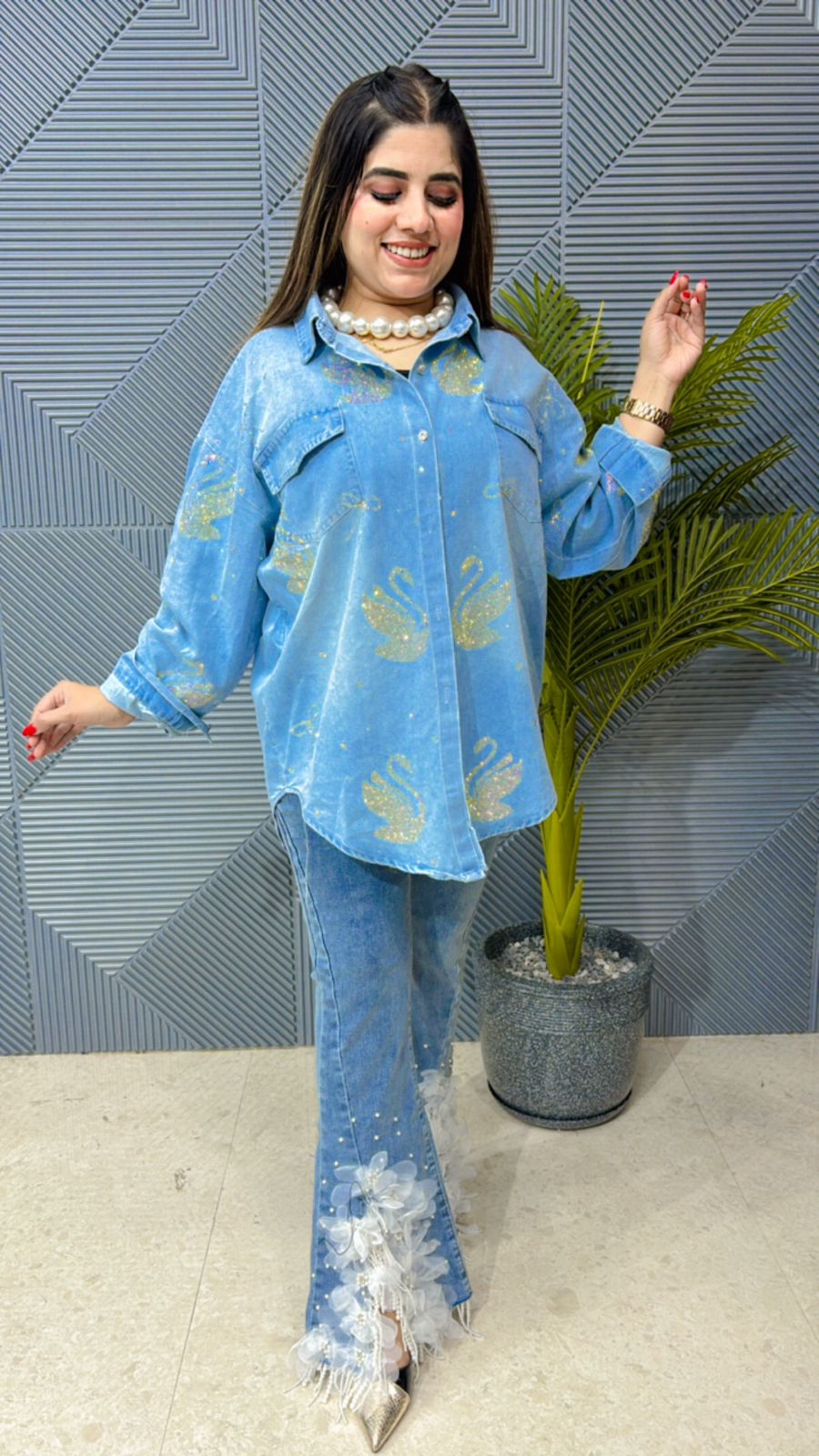 Beautiful Denim Swan Top With Swarovski Work GGR1078