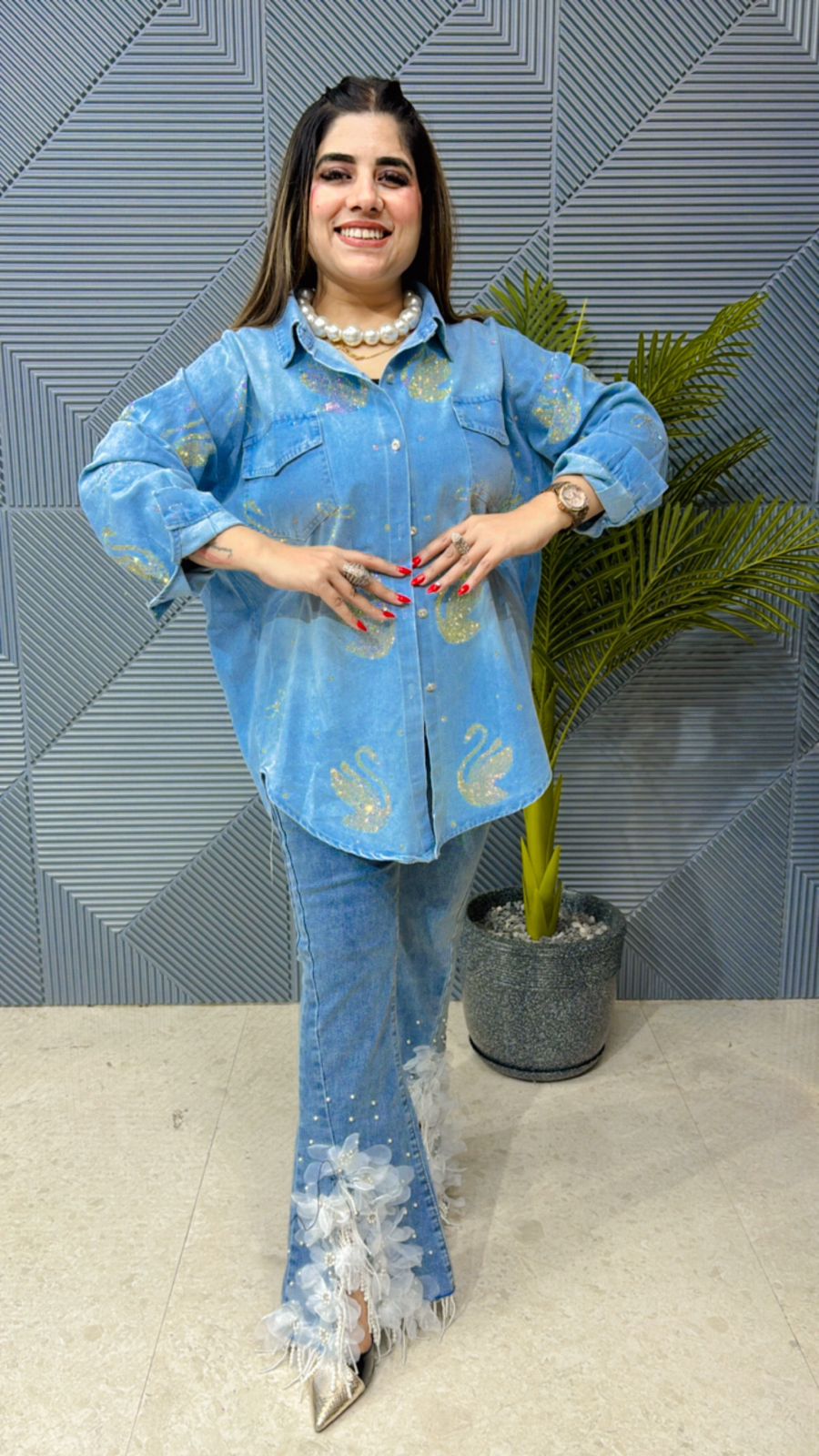Beautiful Denim Swan Top With Swarovski Work GGR1078