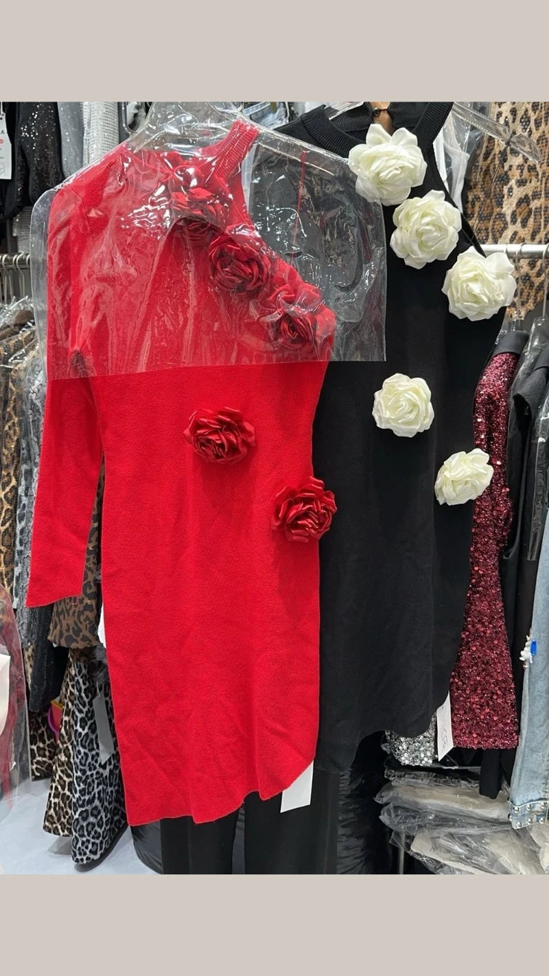 Beautiful Knitted One Shoulder Rose Dress GGR599