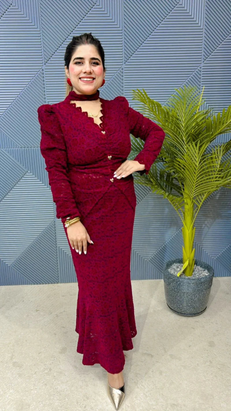 Beautiful Premium Warm Velvet Lace Dress – Heavy, Stretchable Imported Fabric GGR818