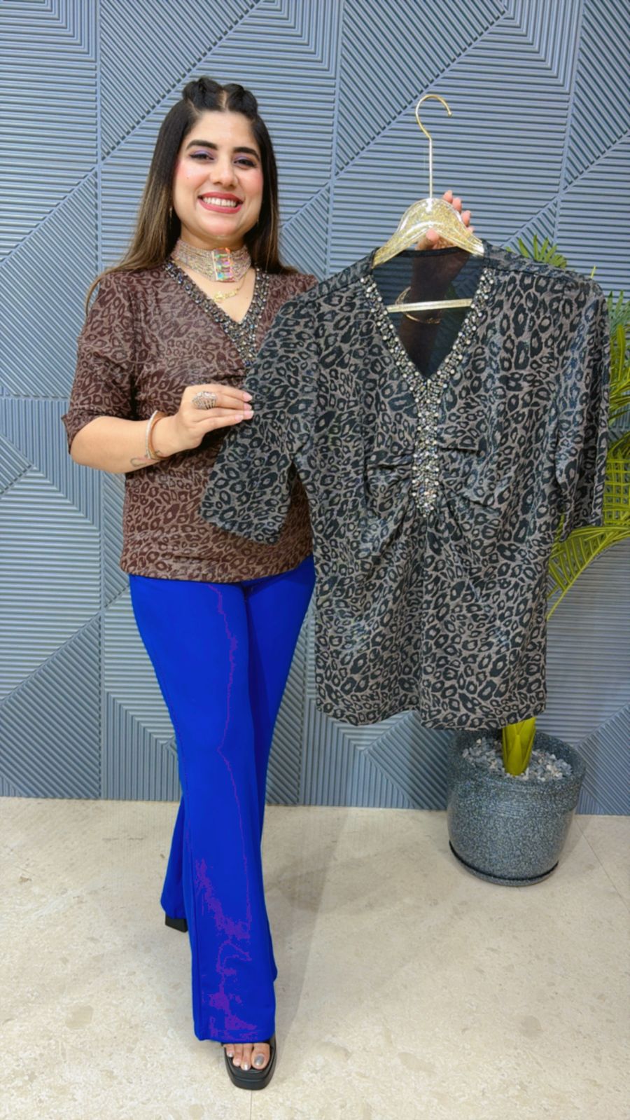 Beautiful Top With Studied Work and Leopard Print GGR1324