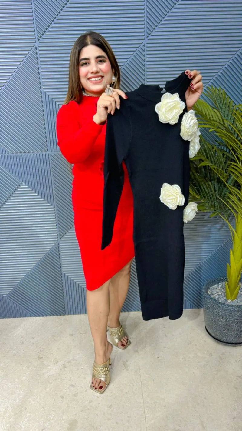Beautiful Knitted One Shoulder Rose Dress GGR599