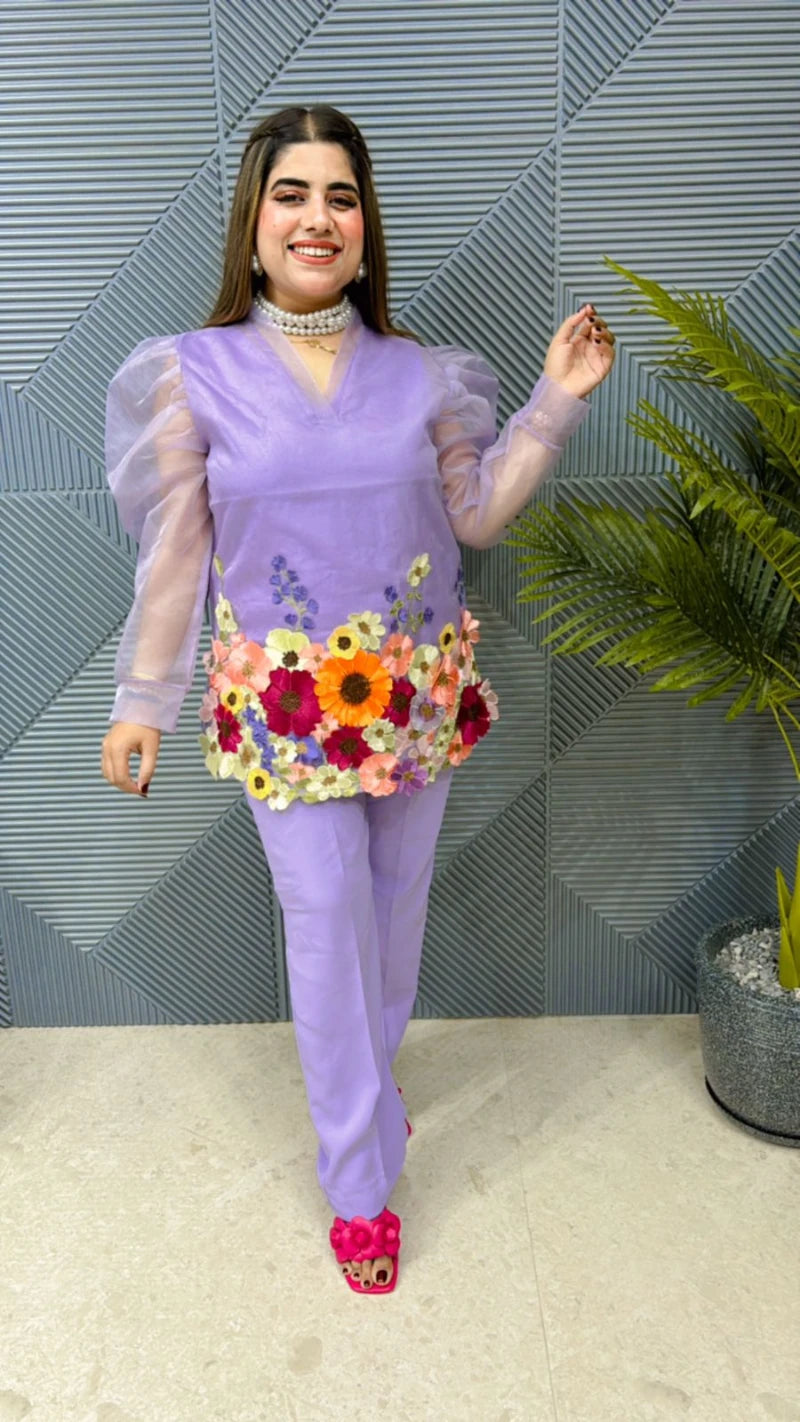 Cord Set With 3D Flower Work With Organza Sleeves GGR603