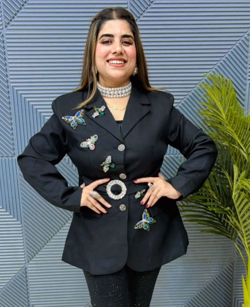 Elegant Butterfly Studded Blazer: Imported with Front Buttons and Stone Detailing GGR596