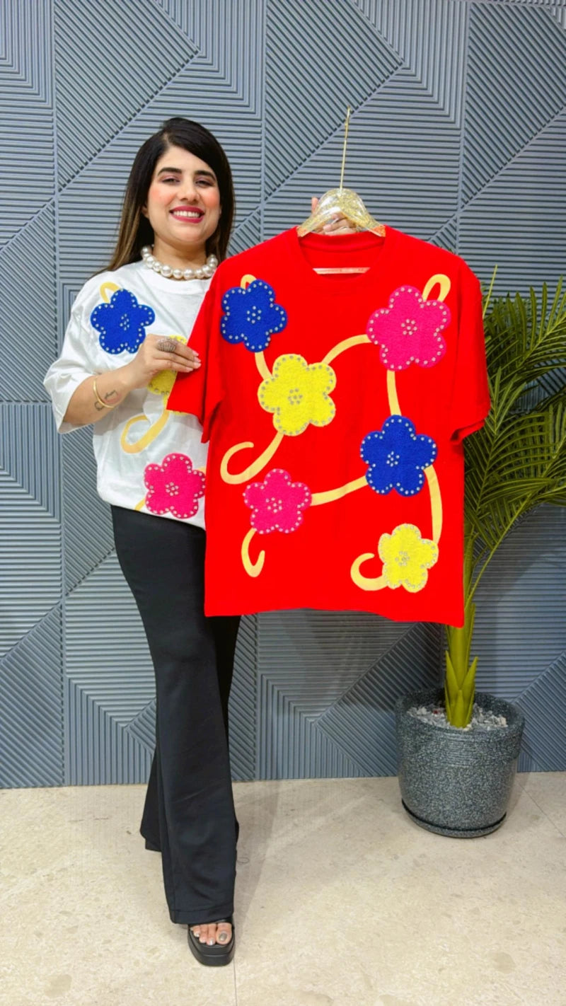 T-SHIRT WITH 3D FLOWER AND STUDDED WORK GGR1583