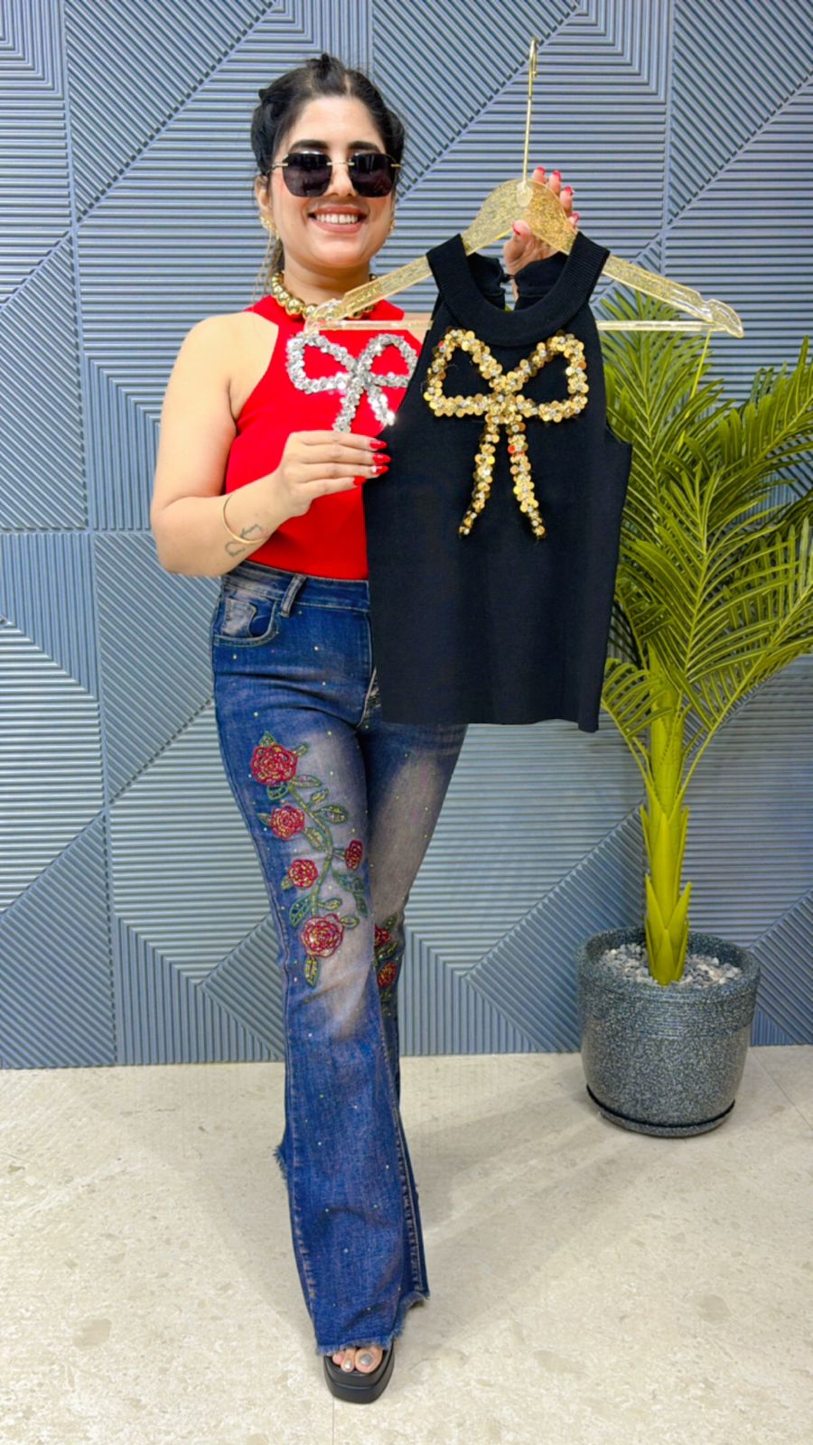 Knitted Fabric Top With Bow Work GGR1094