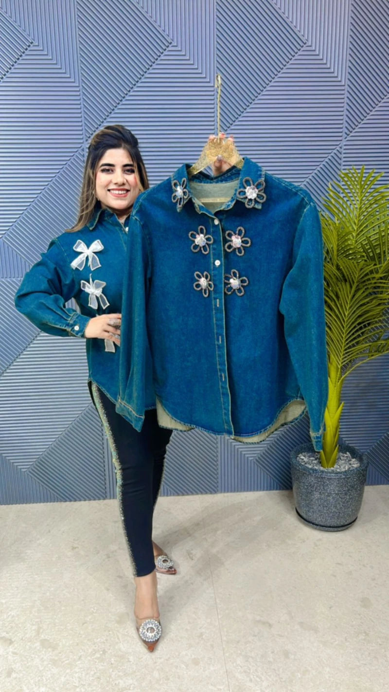 Premium Quality Denim Shirt With Beautiful Flower Broch GGR668