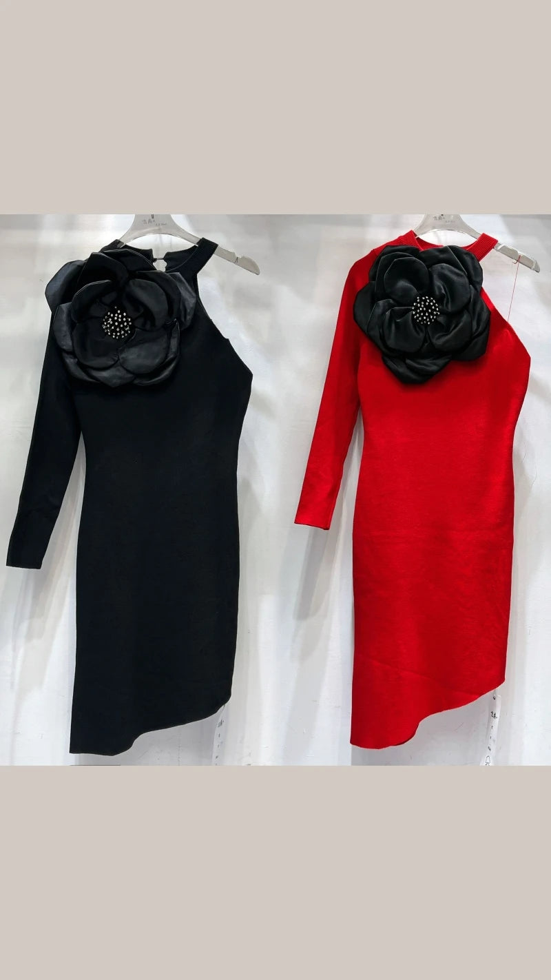 Premium Quality Knitted One Shoulder Flower Dress GGR598