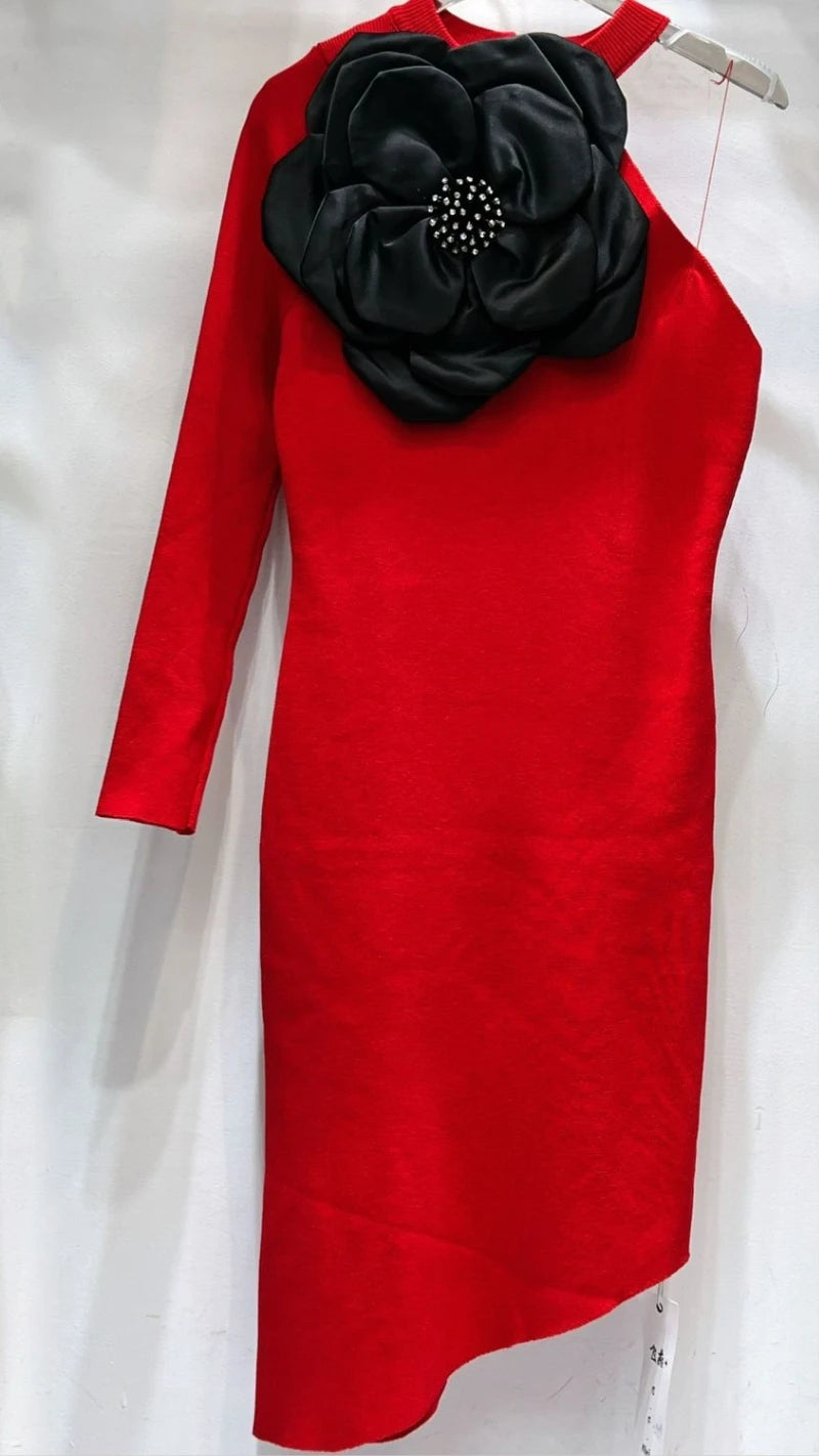 Premium Quality Knitted One Shoulder Flower Dress GGR598