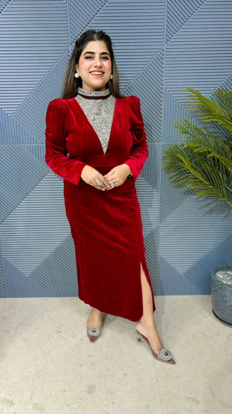 Premium Studded Velvet Dress: Imported Lycra Stretch Fabric with heavy Quality GGR627