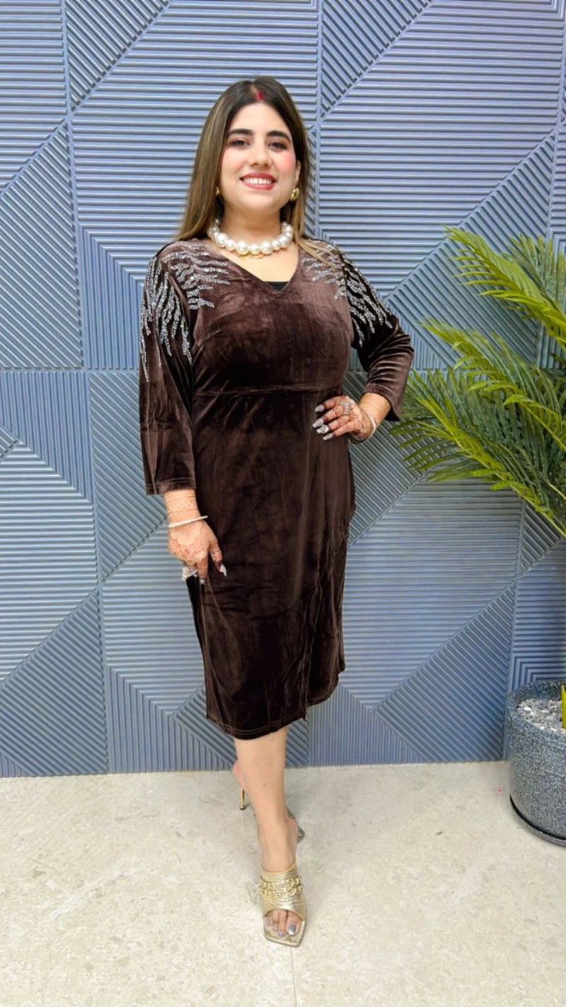 Premium Velvet Dress With Front Swarovski Work GGR690