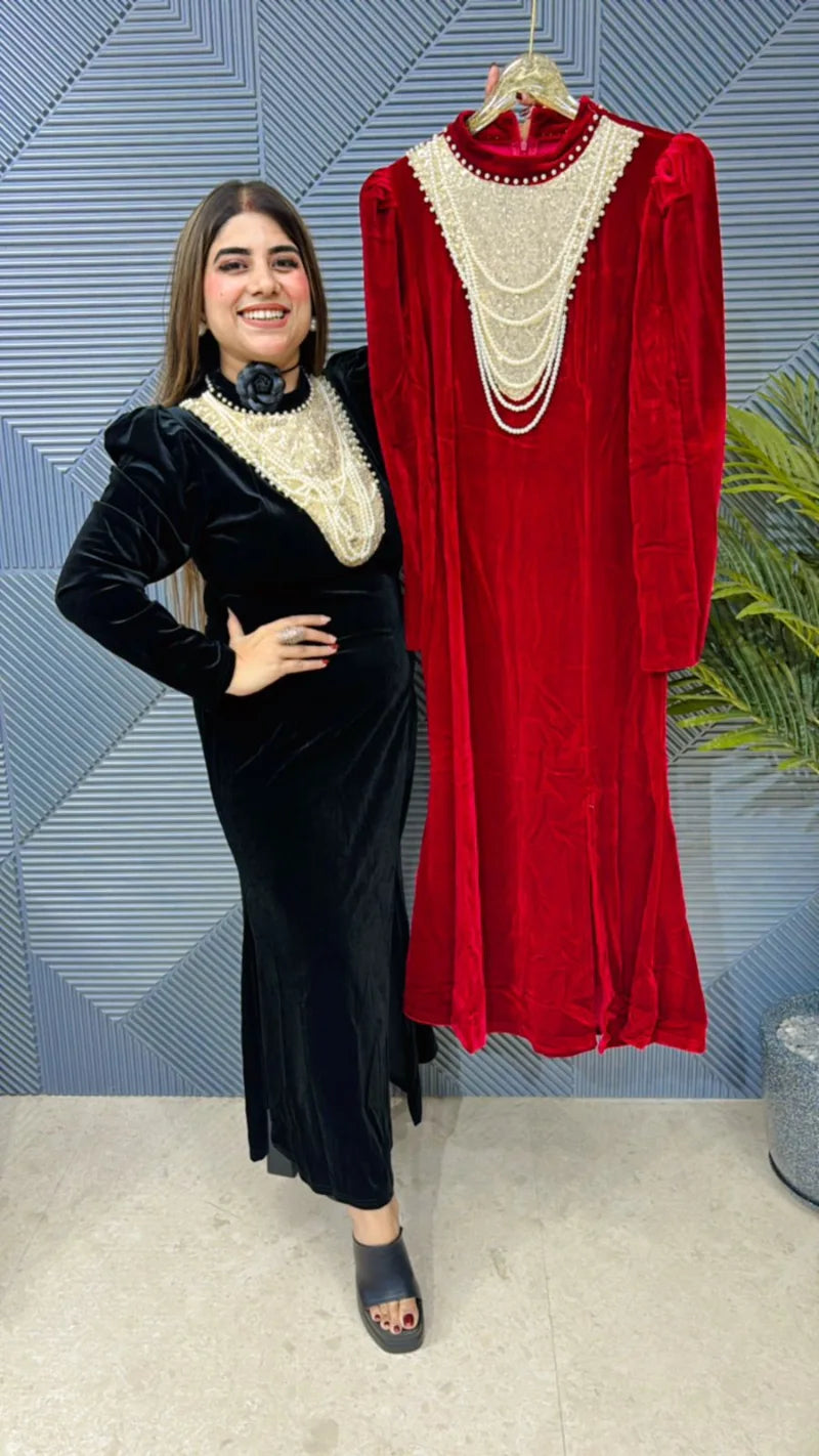 Premium Pearl Velvet Dress: Imported Lycra Stretch Fabric with Superior QualityGGR624