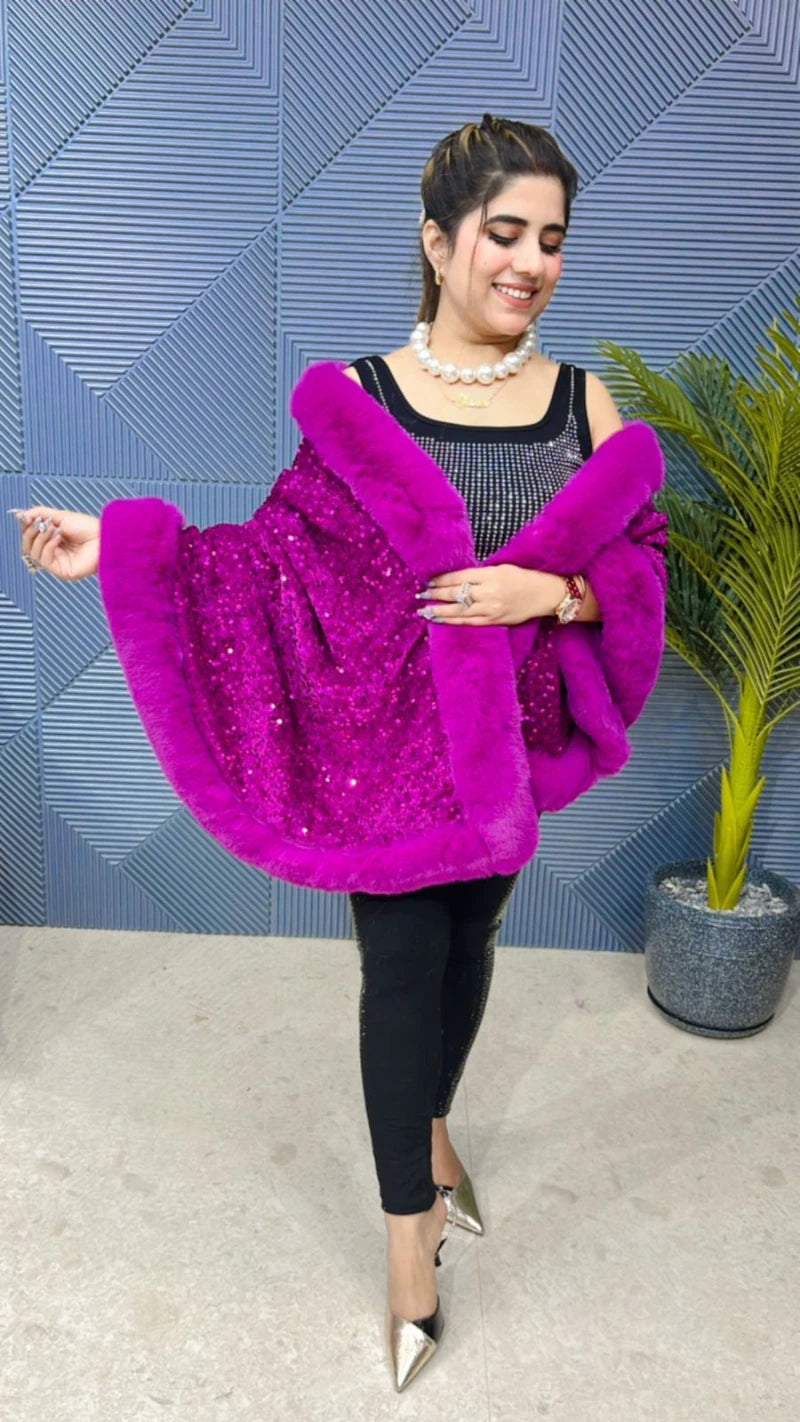 Premium Sequence Poncho with Heavy Furr GGR648