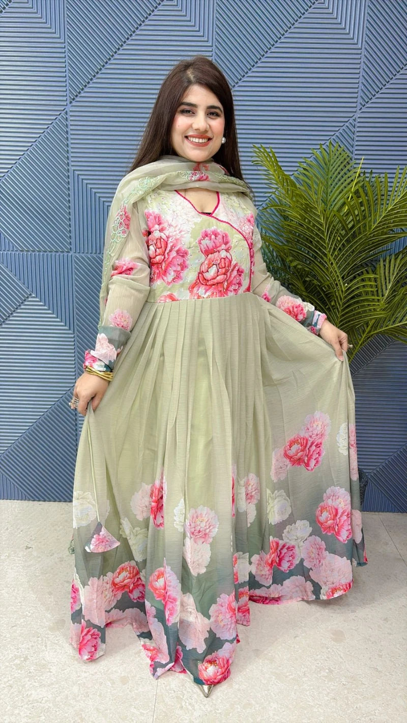 BEAUTIFUL FLOWER PRINT ANARKALI SUIT WITH PRINTED DUPATTA AND PANT GGR1865