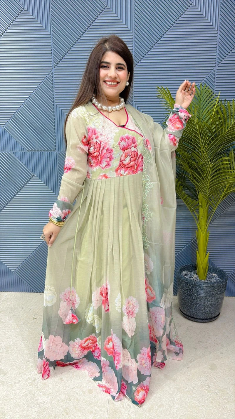 BEAUTIFUL FLOWER PRINT ANARKALI SUIT WITH PRINTED DUPATTA AND PANT GGR1865