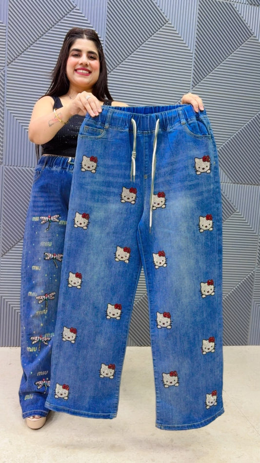 This BEAUTIFUL KITY PRINTED DENIM BOTTOM Girls Glitters