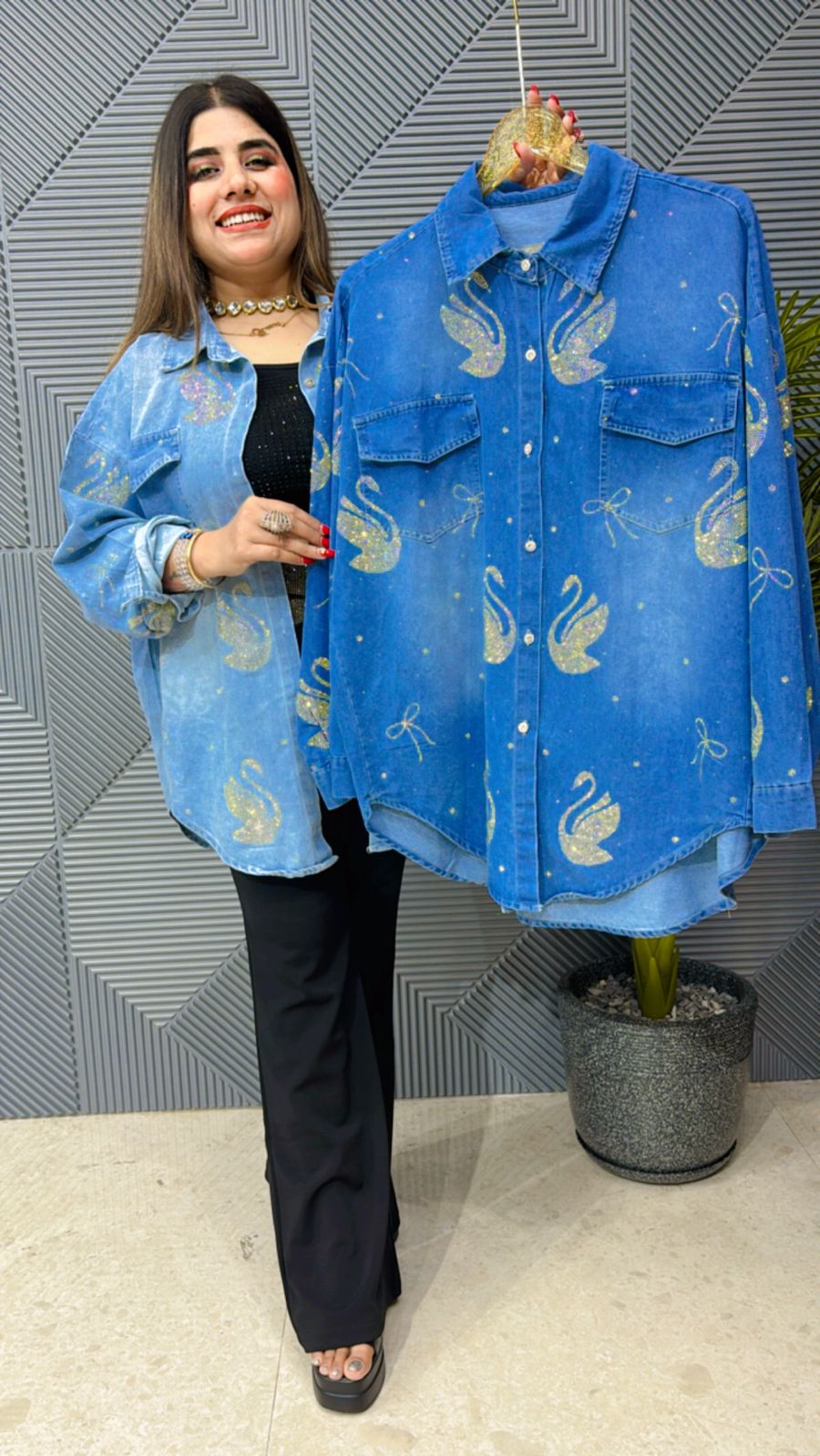 Beautiful Denim Cotton Top With Swarovski Work GGR1118