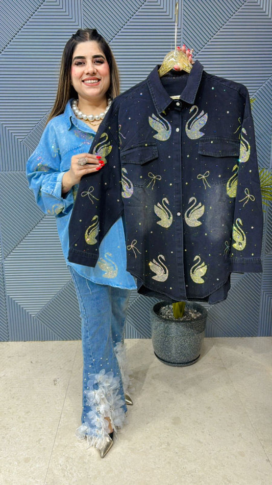 Beautiful Denim Swan Top With Swarovski Work GGR1078