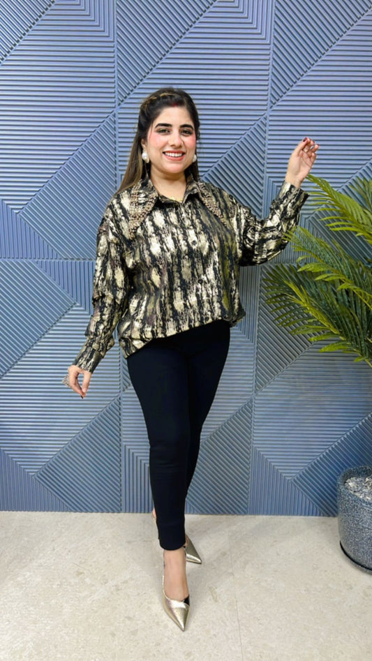 Beautiful Foil Print Shirt With Studded Collar GGR616