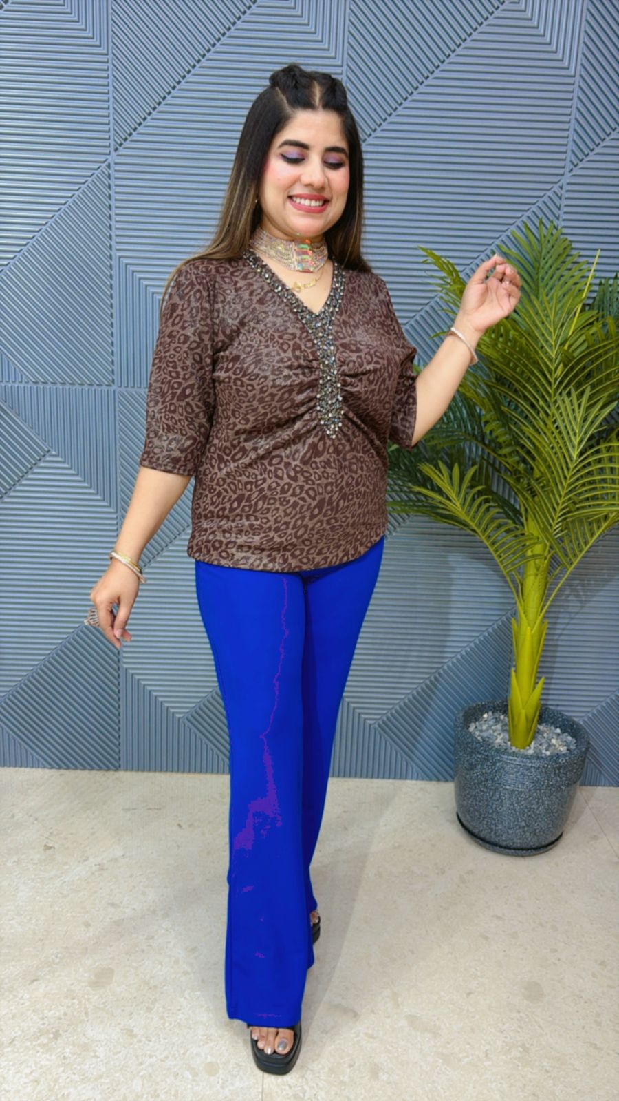 Beautiful Top With Studied Work and Leopard Print GGR1324