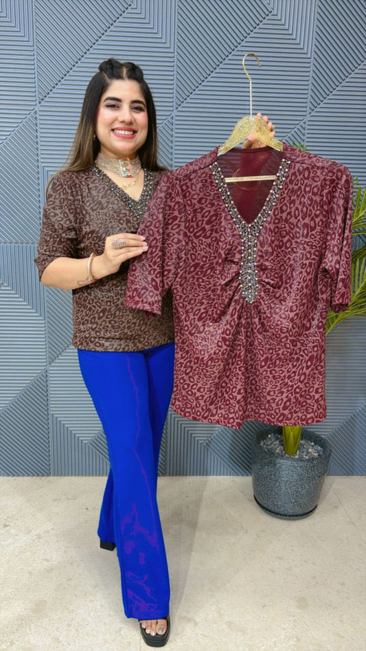 Beautiful Top With Studied Work and Leopard Print GGR1324