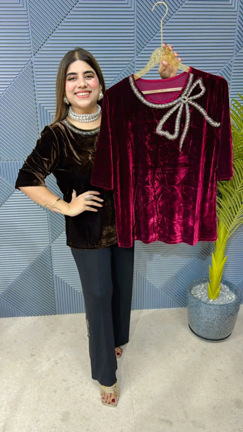 Beautiful Velvet Top With Swarovski Bow GGR612
