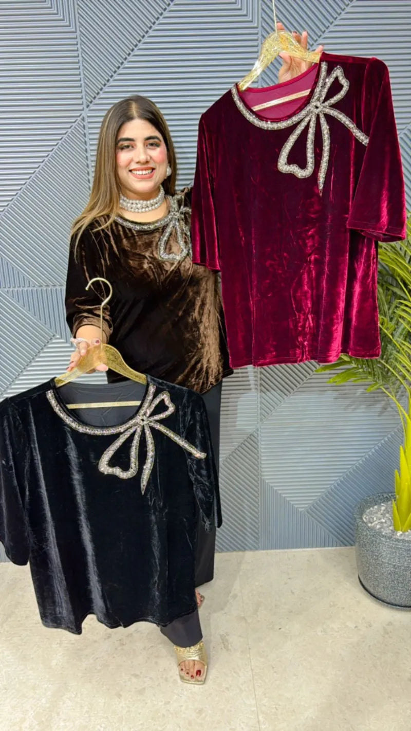 Beautiful Velvet Top With Swarovski Bow GGR612