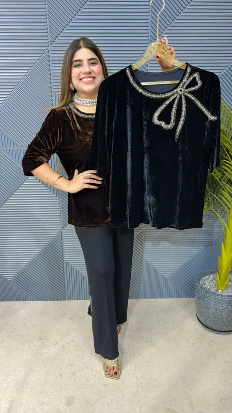 Beautiful Velvet Top With Swarovski Bow GGR612