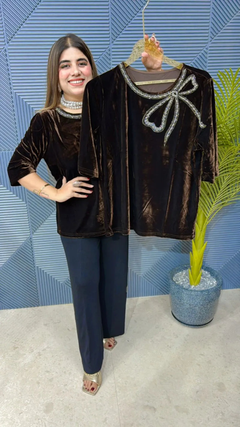 Beautiful Velvet Top With Swarovski Bow GGR612
