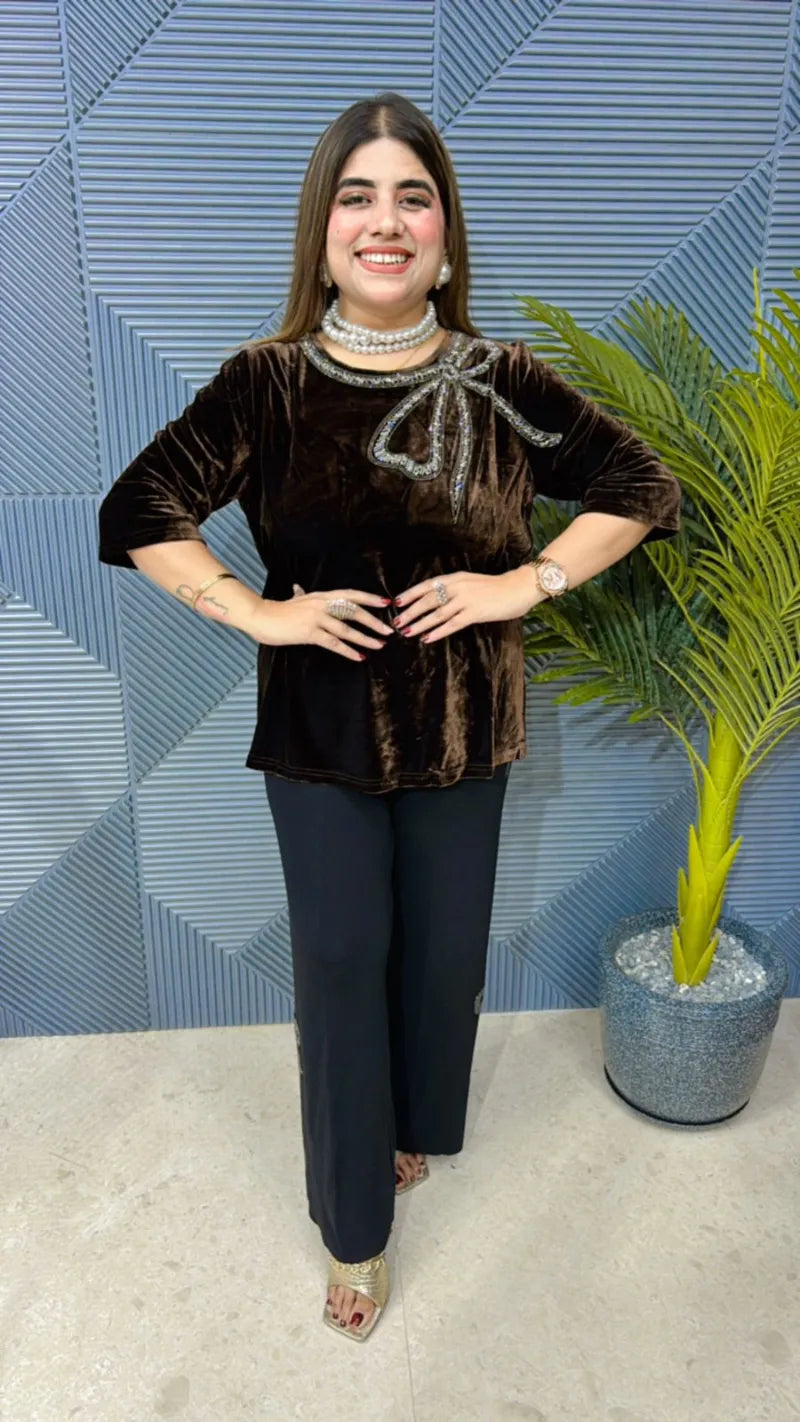 Beautiful Velvet Top With Swarovski Bow GGR612