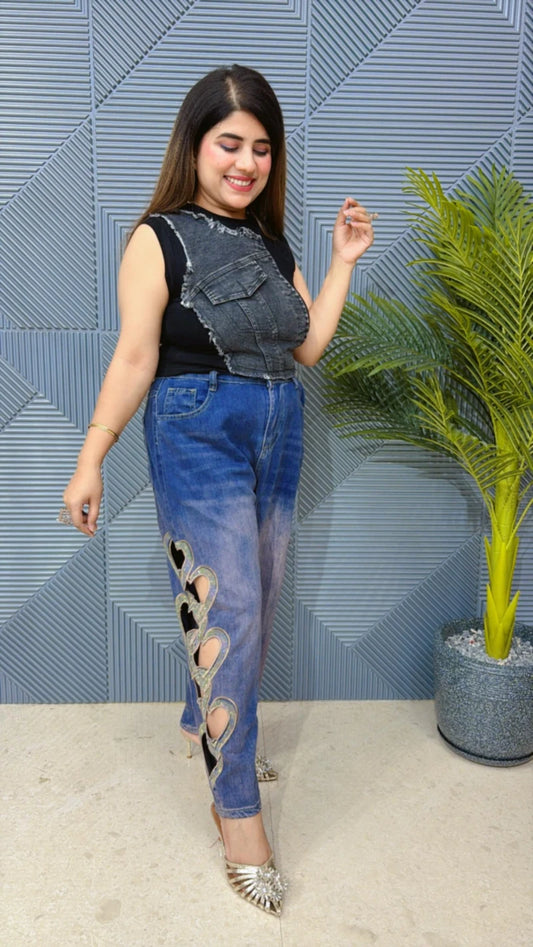 DENIM CUT SLEEVES TOPS GGR1525