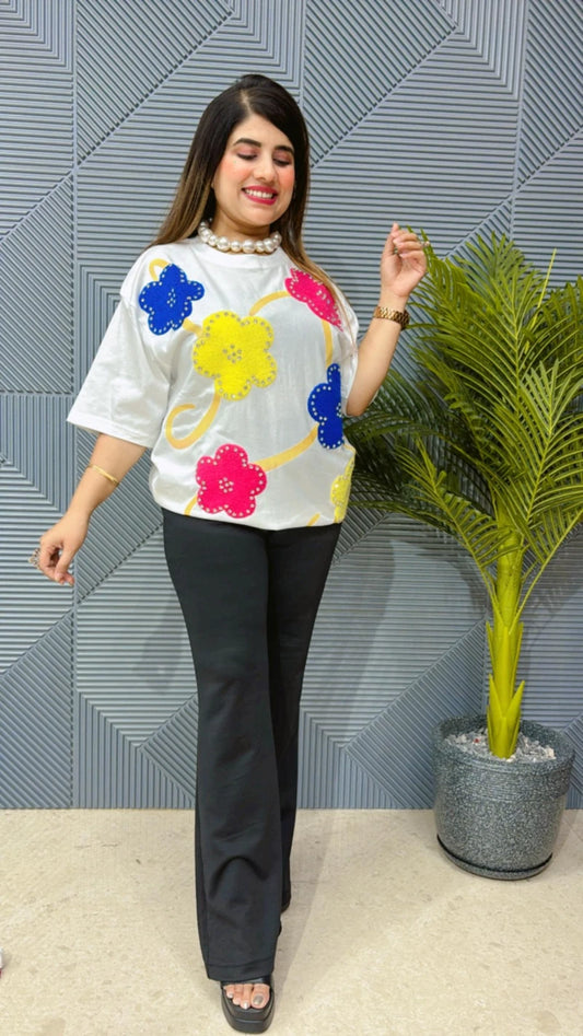 T-SHIRT WITH 3D FLOWER AND STUDDED WORK GGR1583