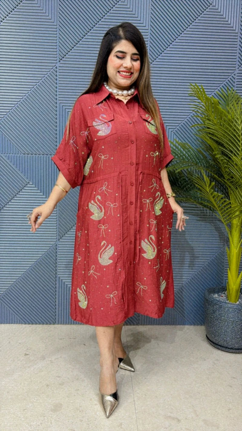 SUMMER DRESS WITH BEAUTIFUL WORK OF SWAN GGR1594