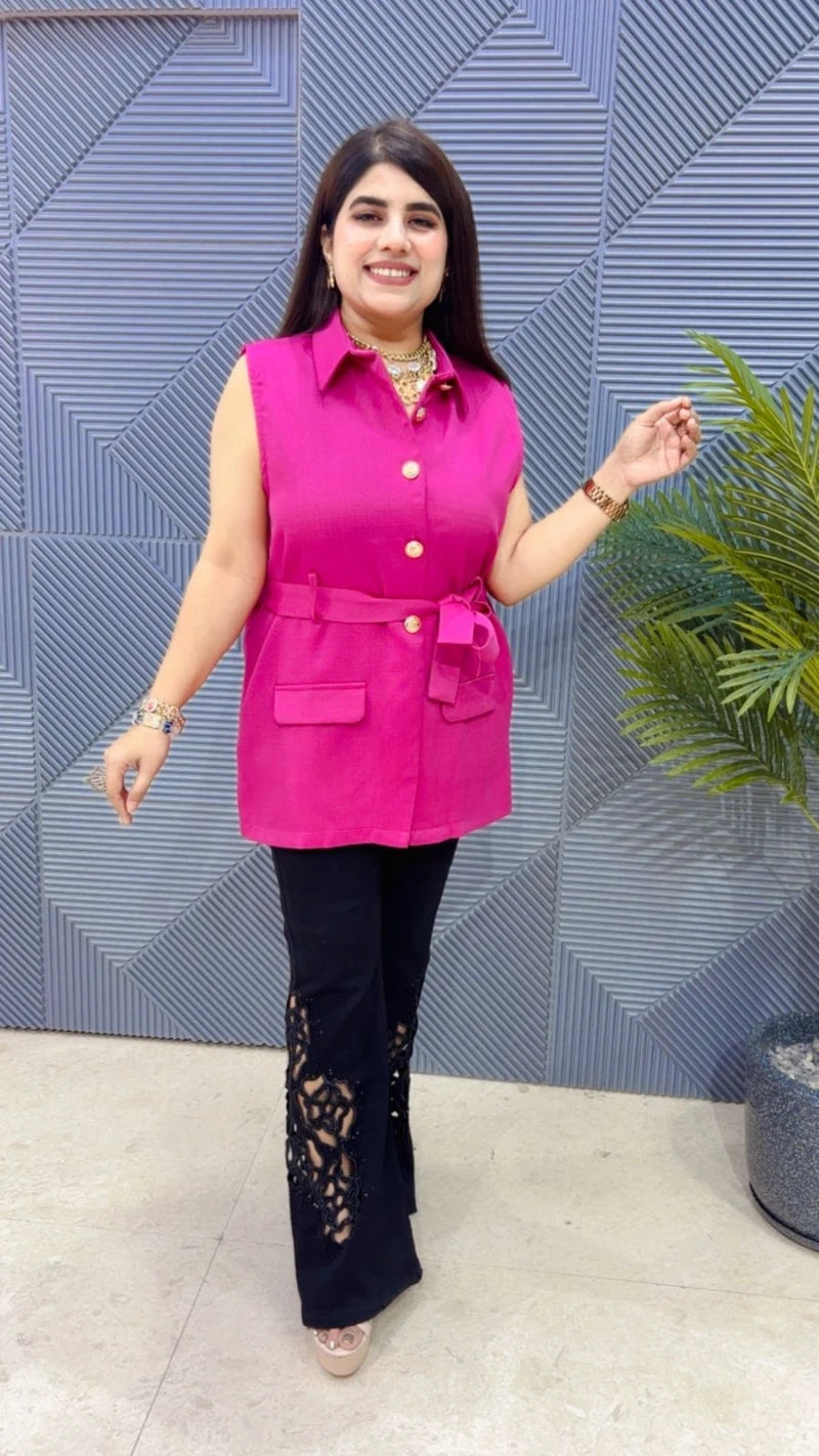 PREMIUM CUT SLEEVS TOP WITH BELT GGR3447