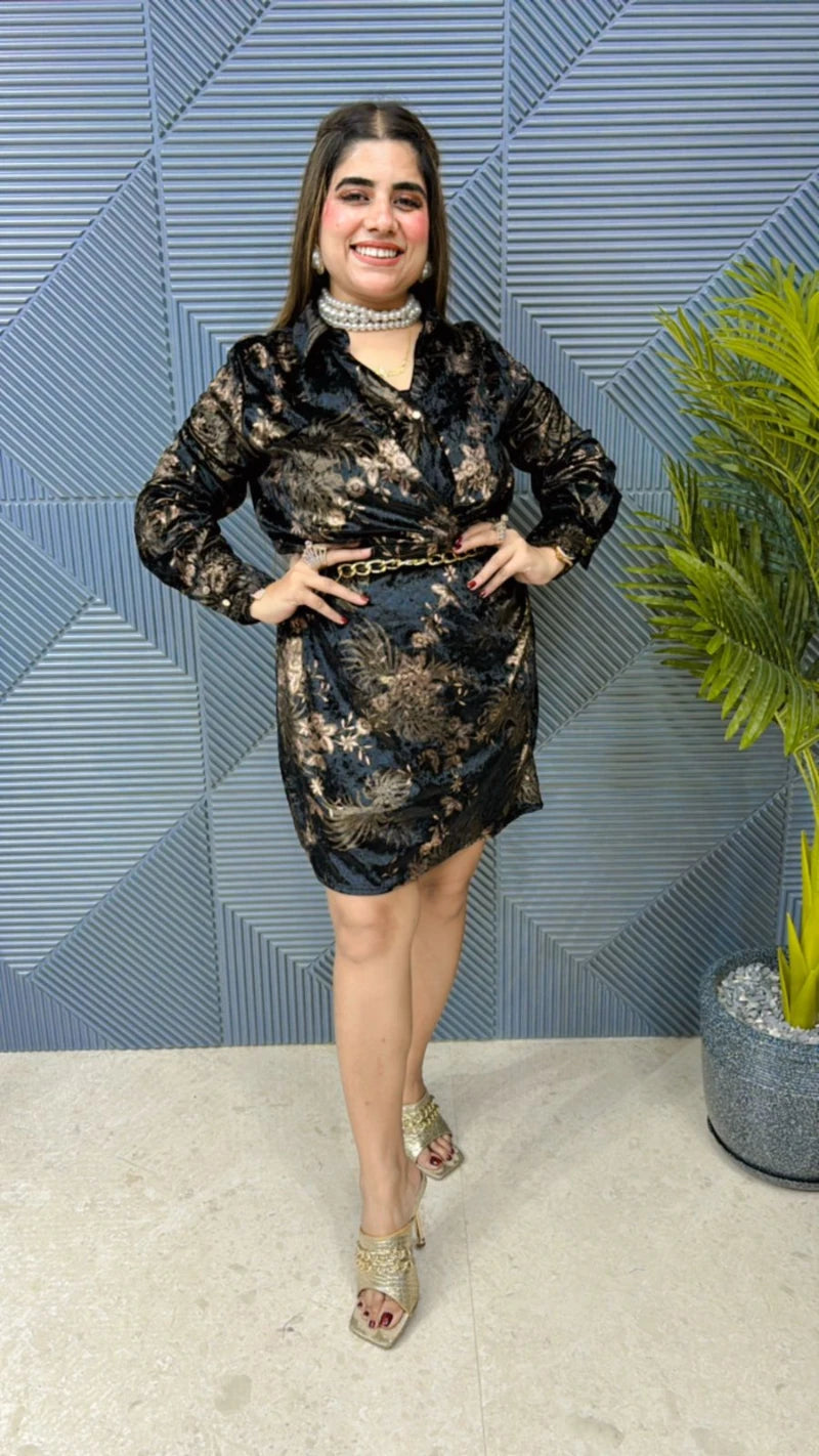 Imported Lycra Stretch Fabric Velvet Dress With Belt GGR605