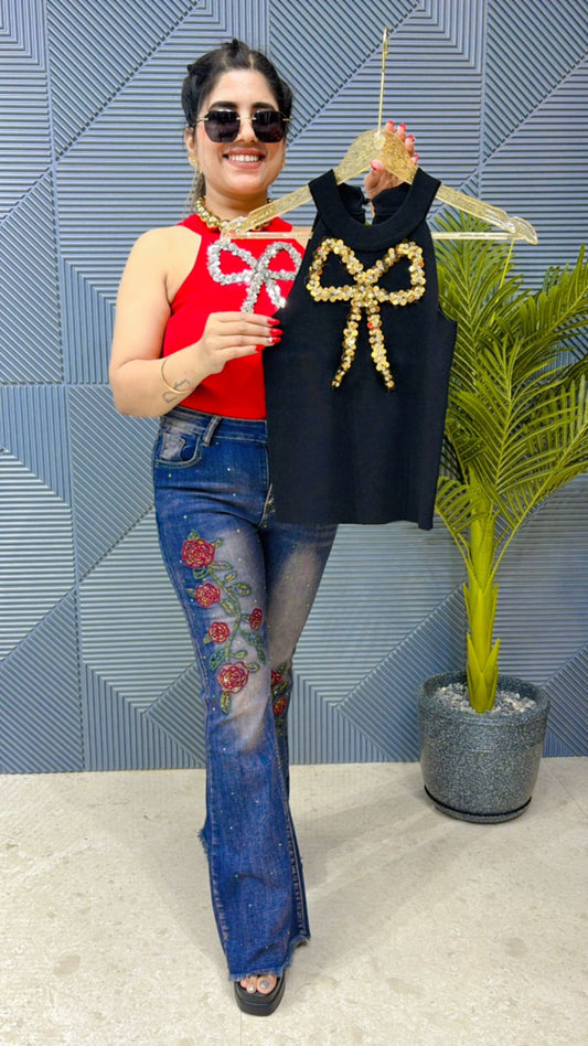 Knitted Fabric Top With Bow Work GGR1094