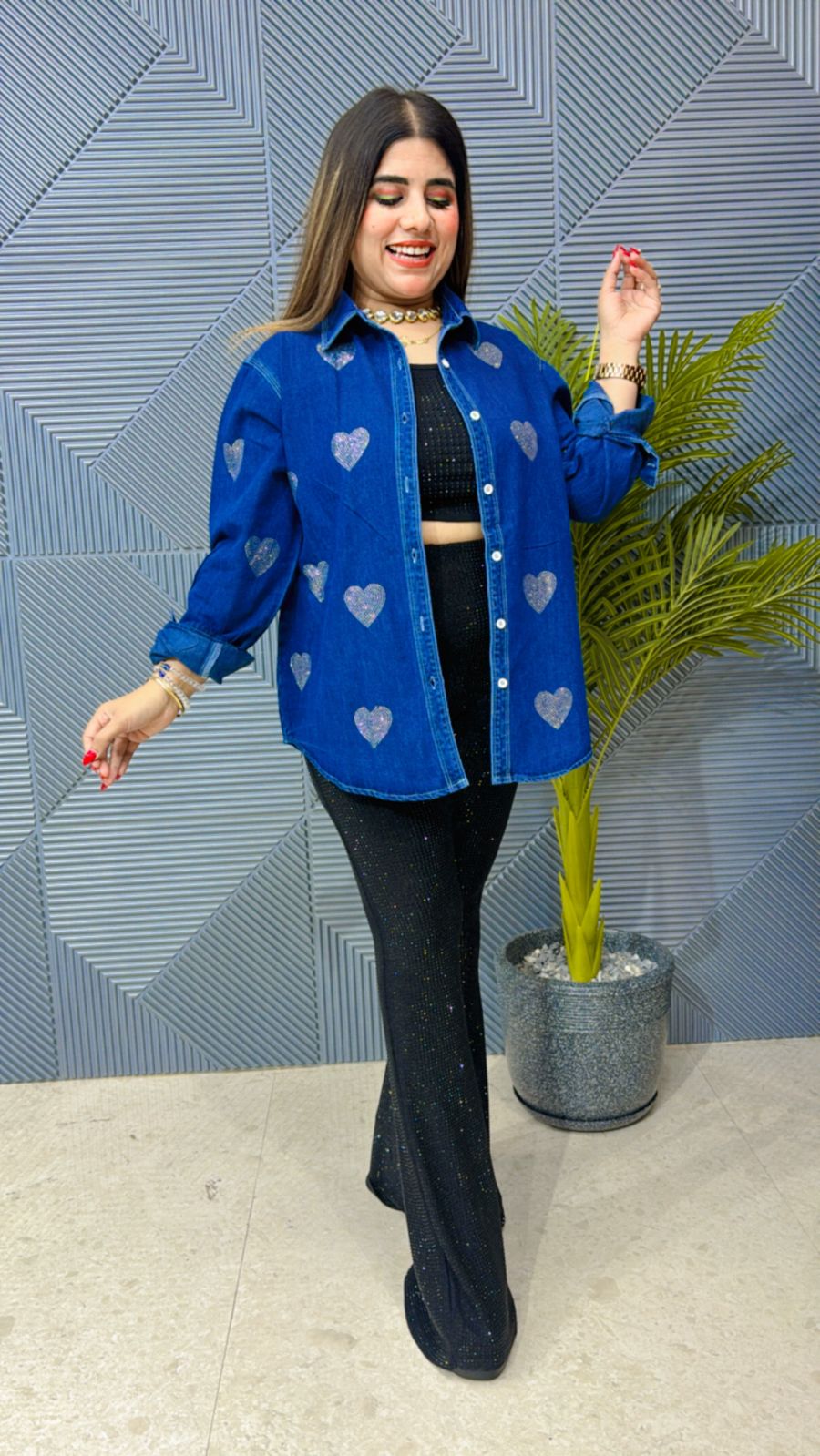 Premium Denim Cotton Shirt With Swarovski Work GGR1122