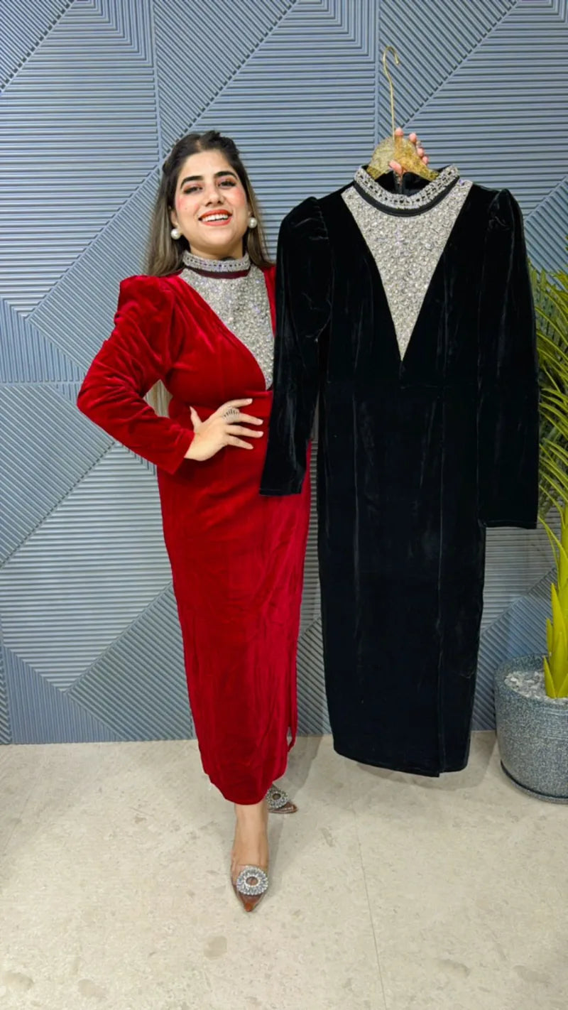 Premium Studded Velvet Dress: Imported Lycra Stretch Fabric with heavy Quality GGR627