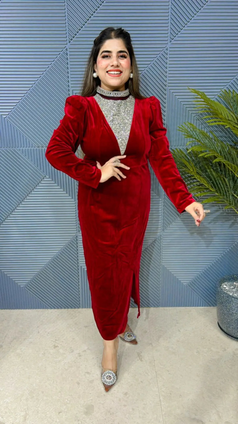 Premium Studded Velvet Dress: Imported Lycra Stretch Fabric with heavy Quality GGR627