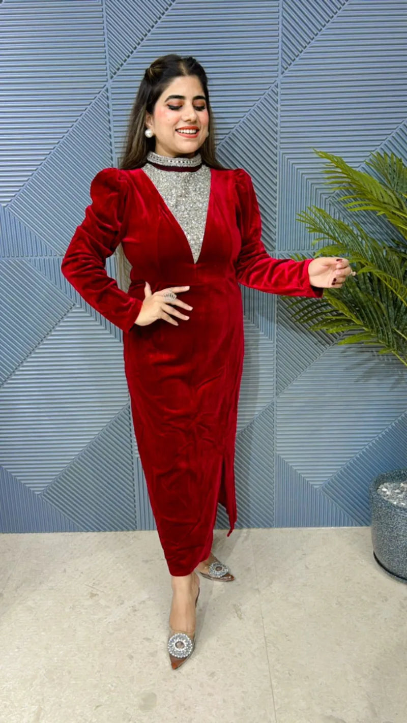 Premium Studded Velvet Dress: Imported Lycra Stretch Fabric with heavy Quality GGR627