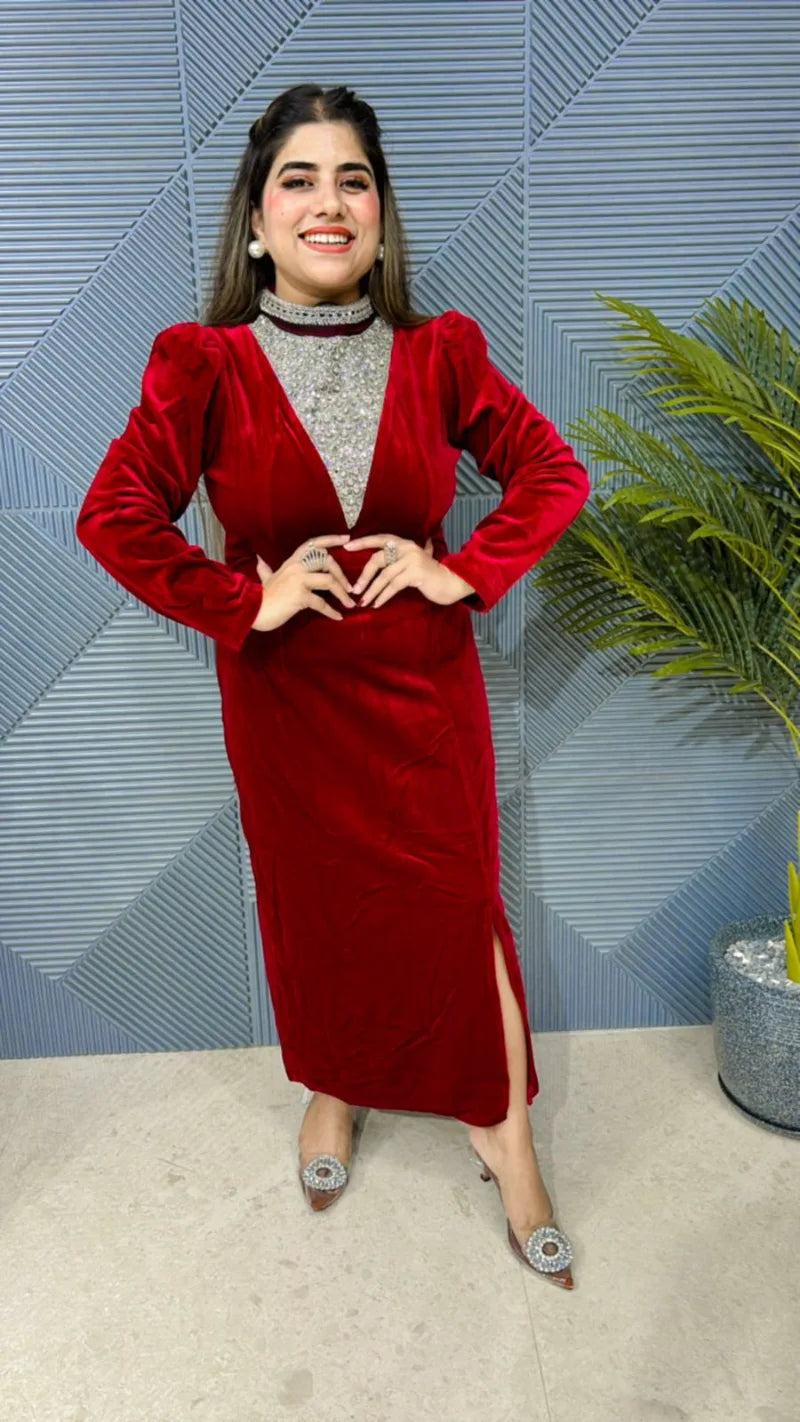 Premium Studded Velvet Dress: Imported Lycra Stretch Fabric with heavy Quality GGR627