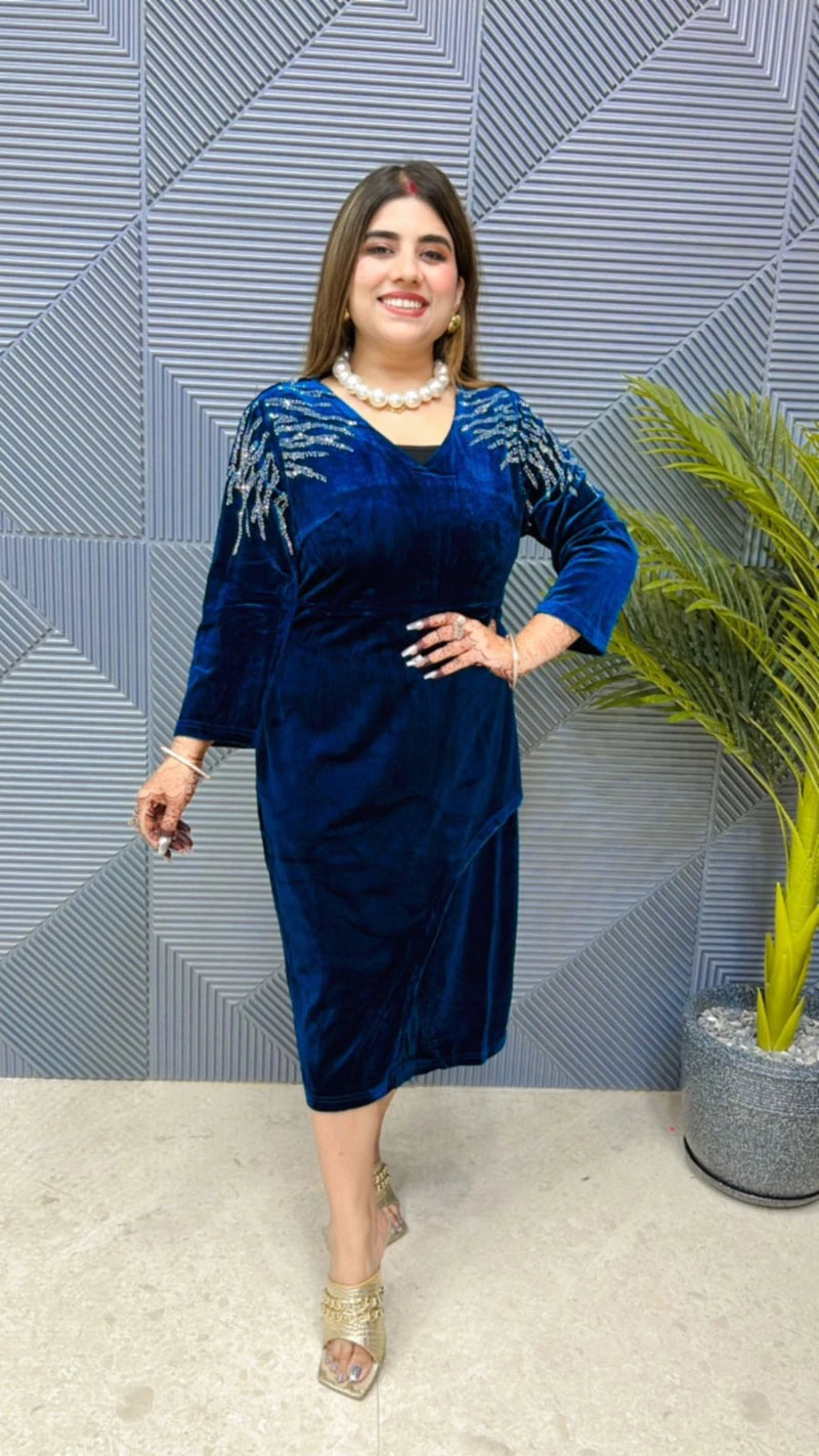 Premium Velvet Dress With Front Swarovski Work GGR690