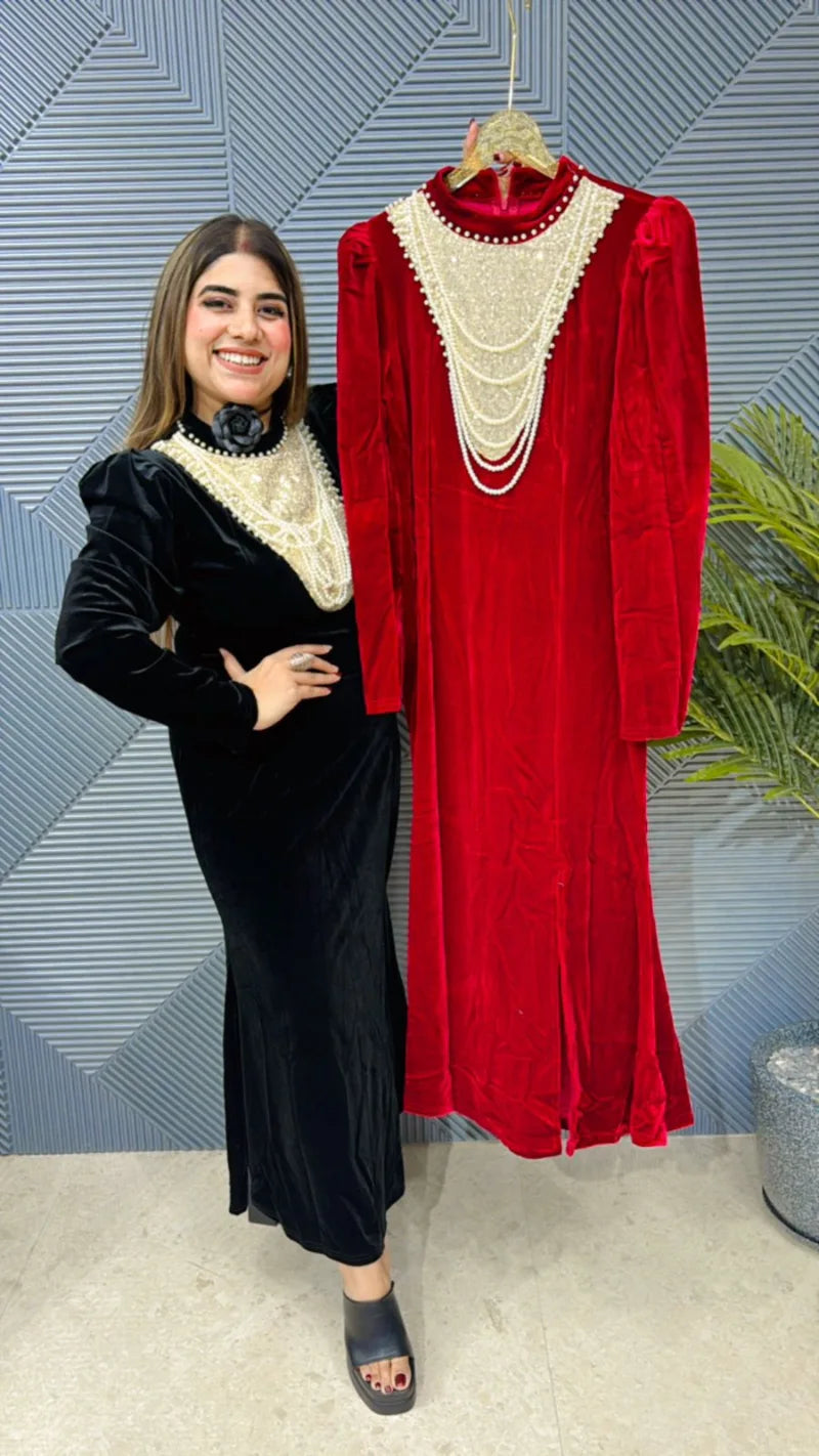 Premium Pearl Velvet Dress: Imported Lycra Stretch Fabric with Superior QualityGGR624