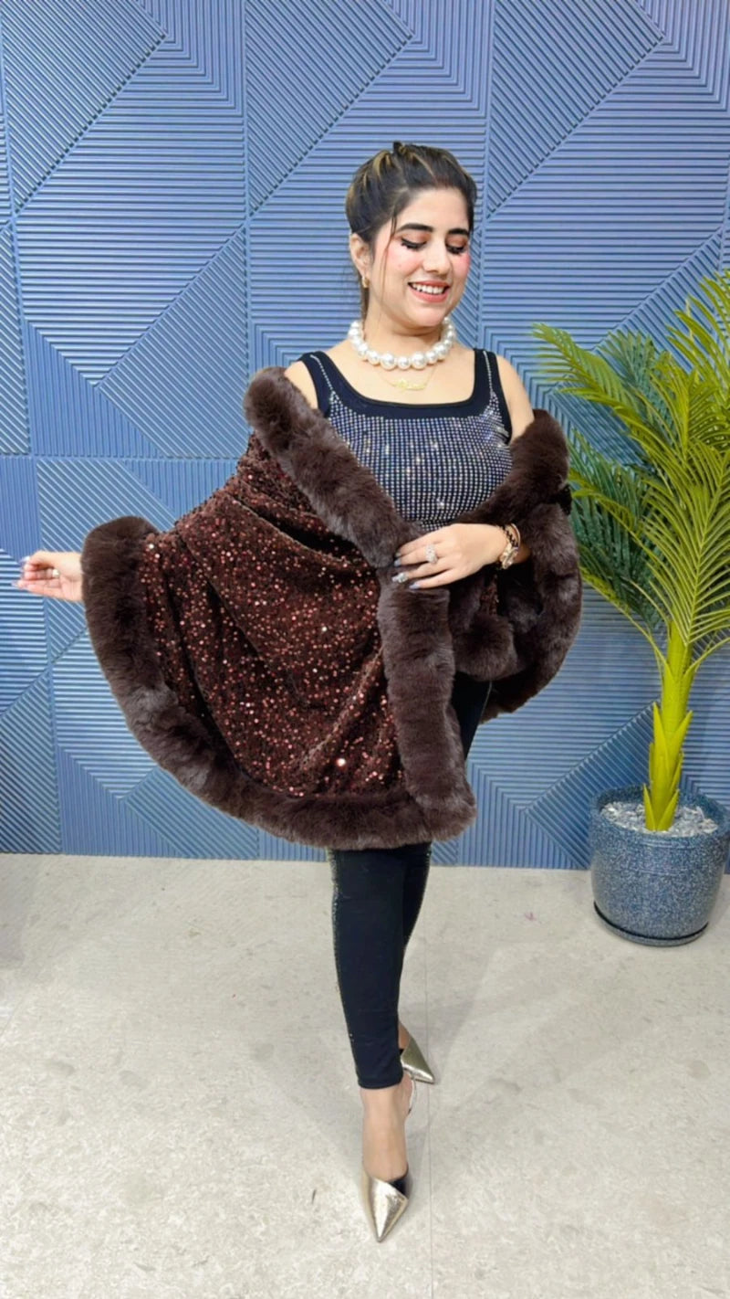 Premium Sequence Poncho with Heavy Furr GGR648