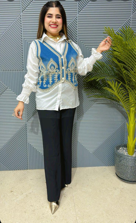 COTTON SHIRT WITH DENIM BASKIT EMBROIDERED WORK GGR1402