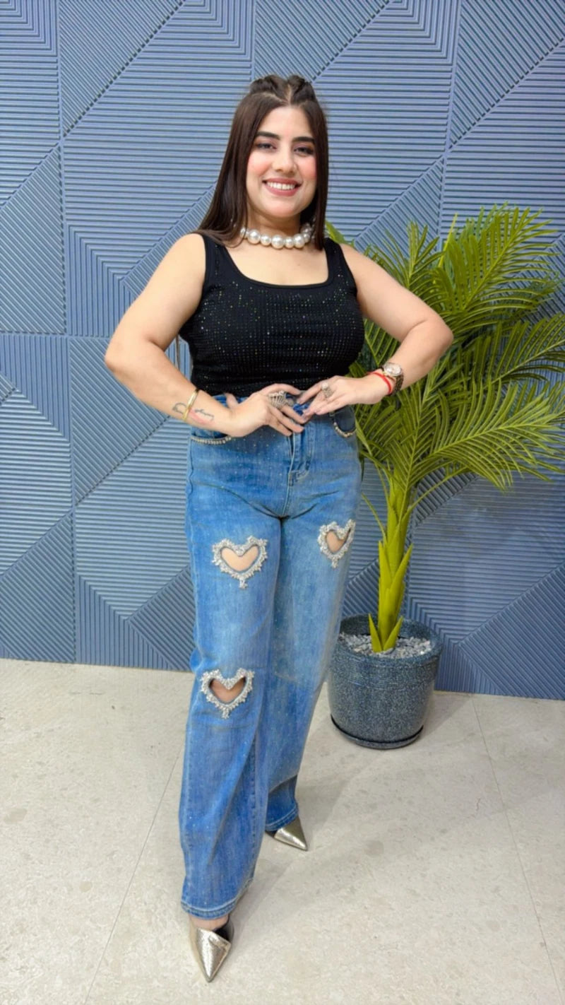 PREMIUM JEANS WITH HEART STUDED WORK  GGR1901