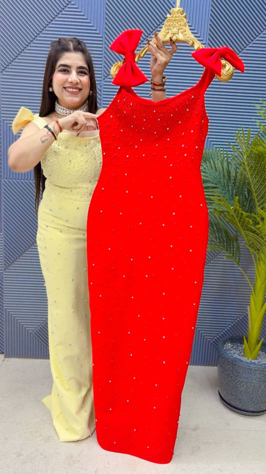 BEAUTIFUL BOW DRESS WITH PEARL WORK GGR4131