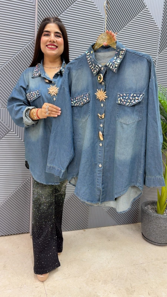 BEAUTIFUL DENIM SHIRT WITH STUDDED WORK GGR4527 Girls Glitters