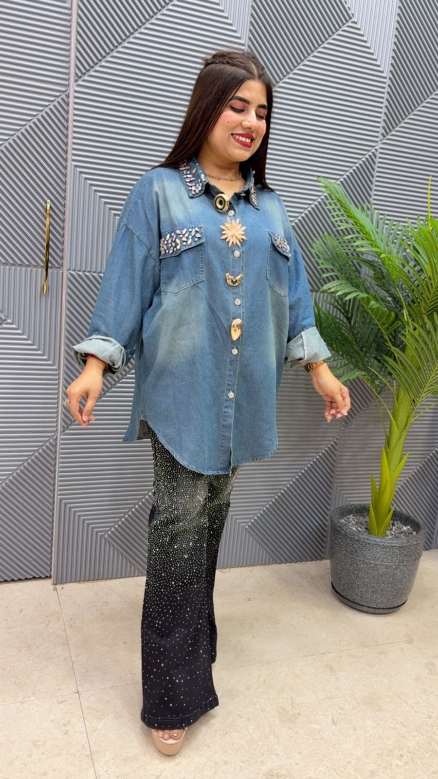 BEAUTIFUL DENIM SHIRT WITH STUDDED WORK GGR4527 Girls Glitters